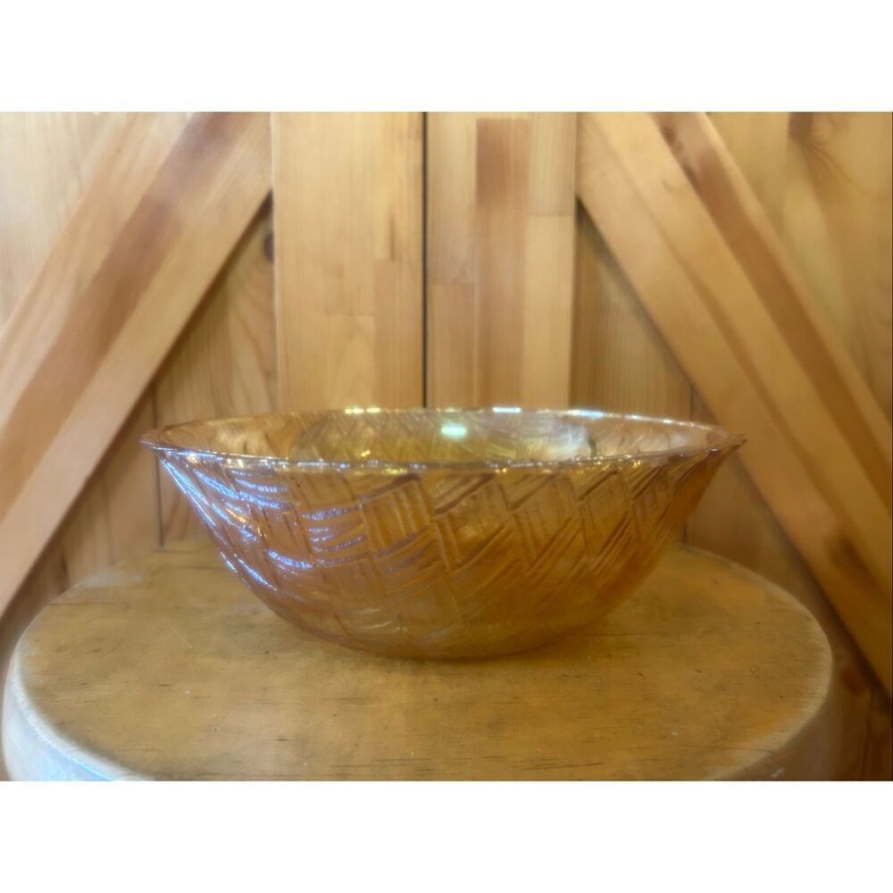 Vintage Indiana Glass Marigold Carnival Glass Basket Weave Serving Bowl (6065)